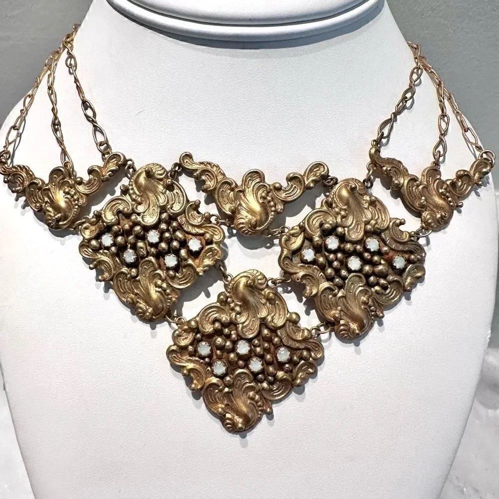 Extremely RARE Vintage Gold-Toned Art Deco Brass And Opal Bib Statement Necklace